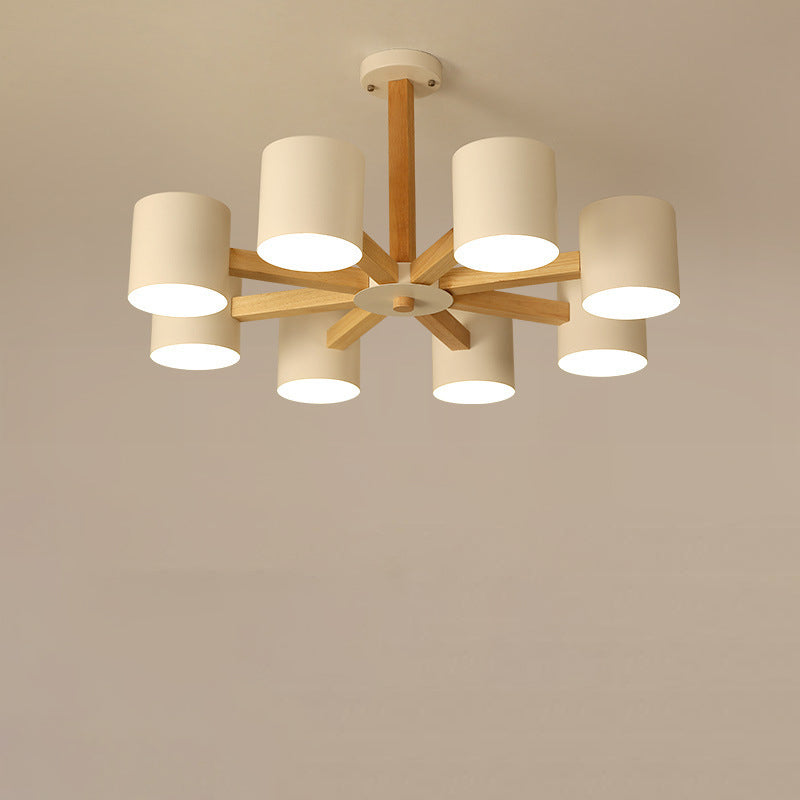 Zeitgenössische skandinavische Deckenleuchte mit massivem Holzrahmen, zylindrischem Schirm und 6/8-Licht-Halbeinbau für das Wohnzimmer 