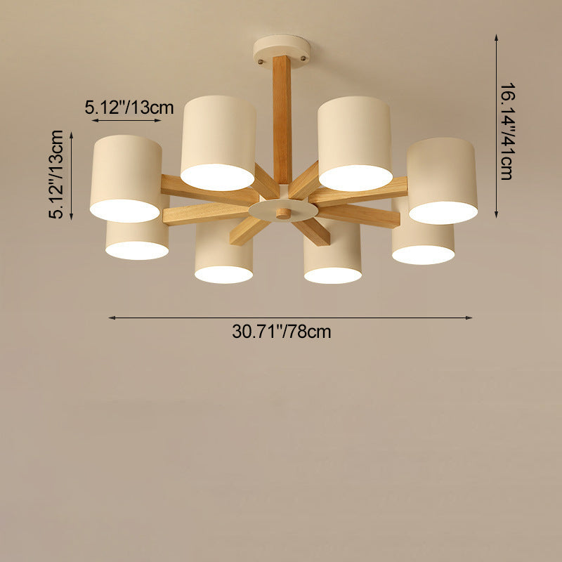 Zeitgenössische skandinavische Deckenleuchte mit massivem Holzrahmen, zylindrischem Schirm und 6/8-Licht-Halbeinbau für das Wohnzimmer 