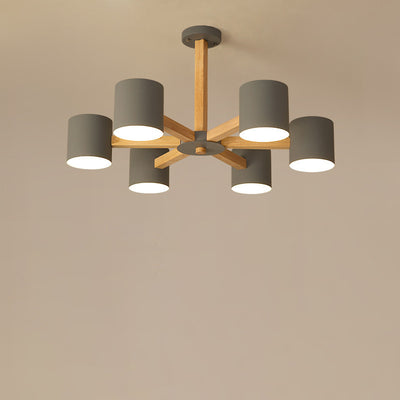 Zeitgenössische skandinavische Deckenleuchte mit massivem Holzrahmen, zylindrischem Schirm und 6/8-Licht-Halbeinbau für das Wohnzimmer 