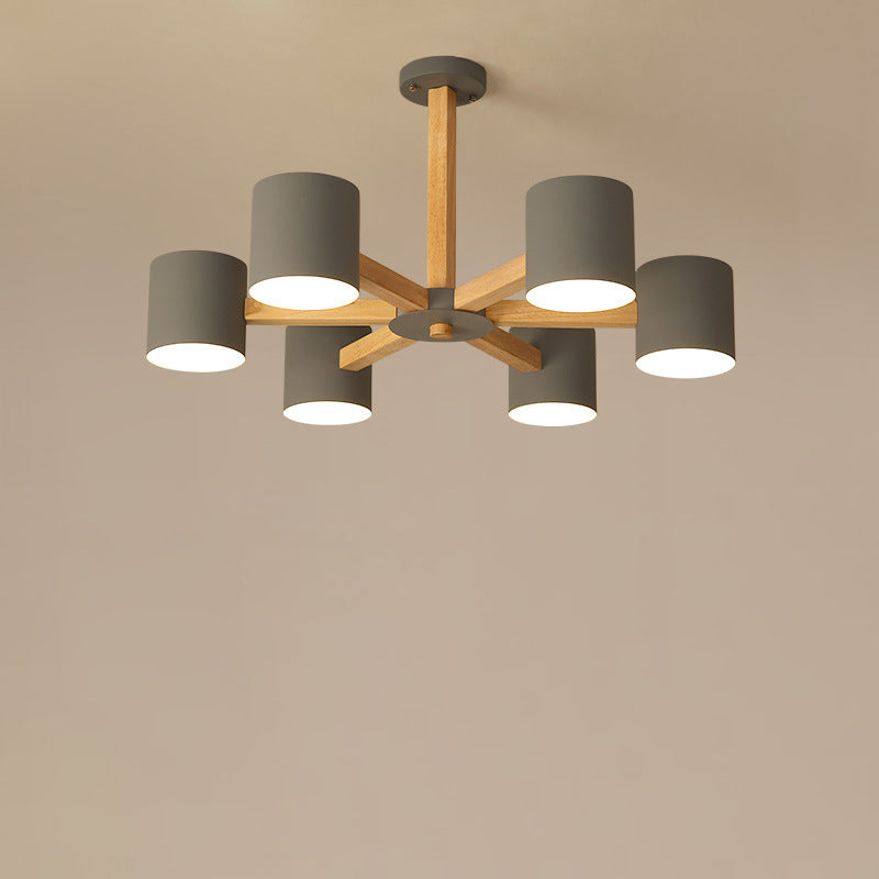 Zeitgenössische skandinavische Deckenleuchte mit massivem Holzrahmen, zylindrischem Schirm und 6/8-Licht-Halbeinbau für das Wohnzimmer 