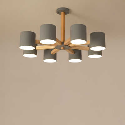Zeitgenössische skandinavische Deckenleuchte mit massivem Holzrahmen, zylindrischem Schirm und 6/8-Licht-Halbeinbau für das Wohnzimmer 
