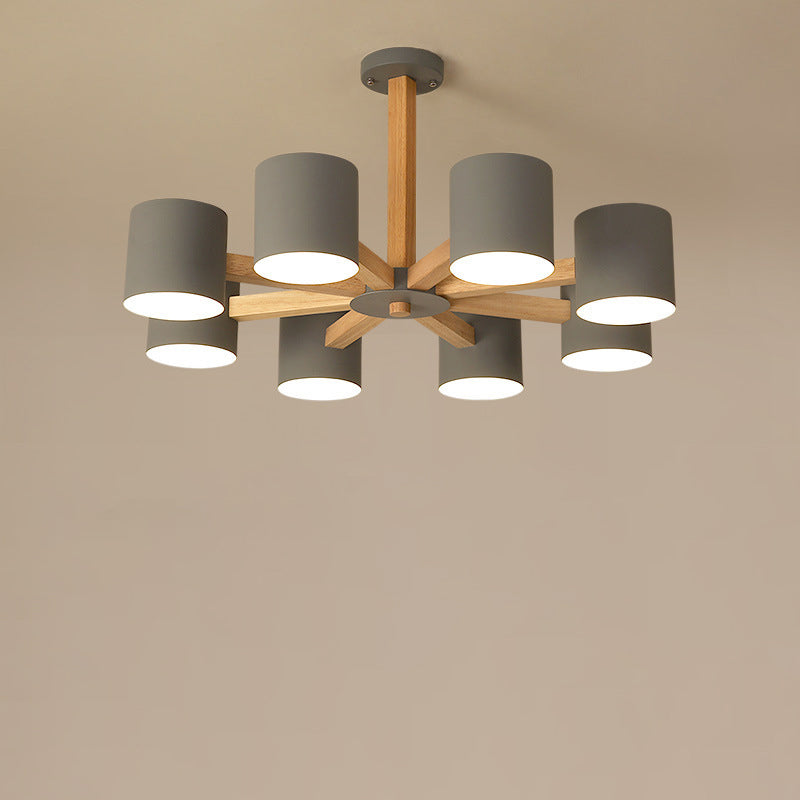 Zeitgenössische skandinavische Deckenleuchte mit massivem Holzrahmen, zylindrischem Schirm und 6/8-Licht-Halbeinbau für das Wohnzimmer 