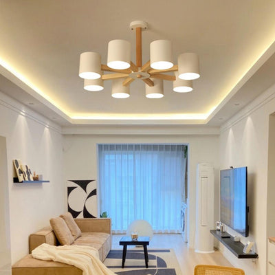 Zeitgenössische skandinavische Deckenleuchte mit massivem Holzrahmen, zylindrischem Schirm und 6/8-Licht-Halbeinbau für das Wohnzimmer 