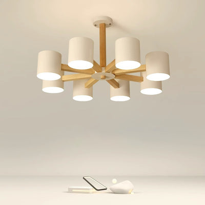 Zeitgenössische skandinavische Deckenleuchte mit massivem Holzrahmen, zylindrischem Schirm und 6/8-Licht-Halbeinbau für das Wohnzimmer 