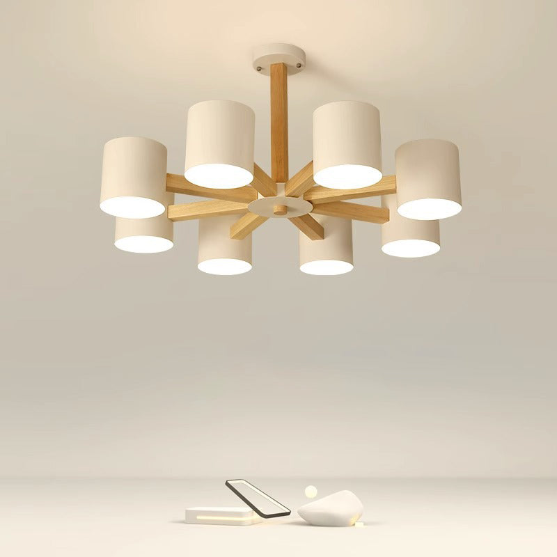 Zeitgenössische skandinavische Deckenleuchte mit massivem Holzrahmen, zylindrischem Schirm und 6/8-Licht-Halbeinbau für das Wohnzimmer 