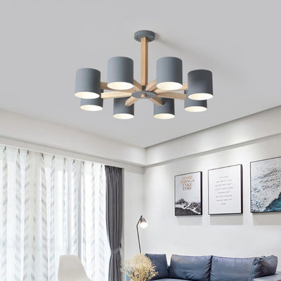 Zeitgenössische skandinavische Deckenleuchte mit massivem Holzrahmen, zylindrischem Schirm und 6/8-Licht-Halbeinbau für das Wohnzimmer 