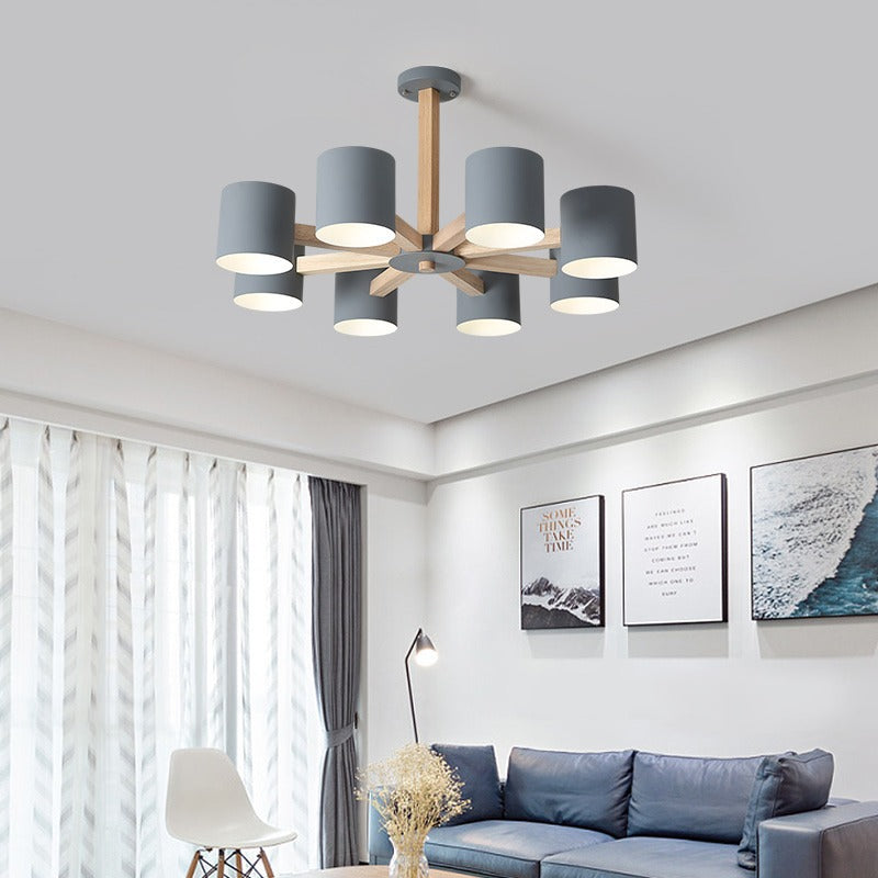 Zeitgenössische skandinavische Deckenleuchte mit massivem Holzrahmen, zylindrischem Schirm und 6/8-Licht-Halbeinbau für das Wohnzimmer 