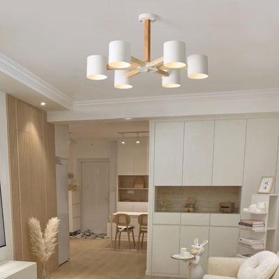 Zeitgenössische skandinavische Deckenleuchte mit massivem Holzrahmen, zylindrischem Schirm und 6/8-Licht-Halbeinbau für das Wohnzimmer 
