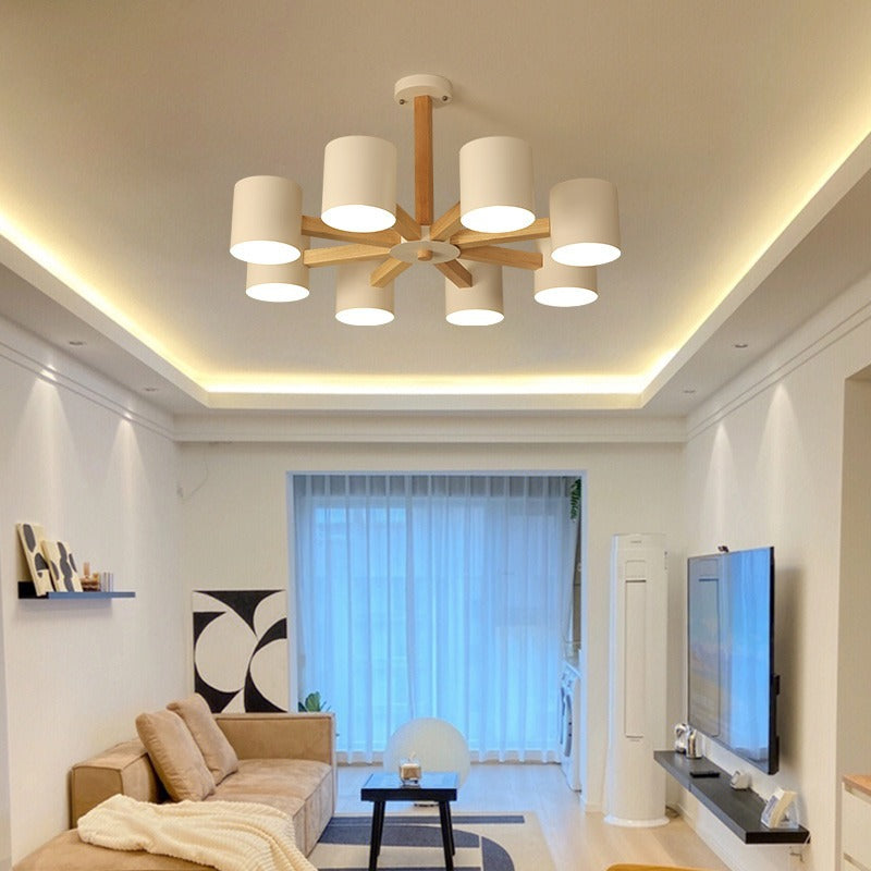 Zeitgenössische skandinavische Deckenleuchte mit massivem Holzrahmen, zylindrischem Schirm und 6/8-Licht-Halbeinbau für das Wohnzimmer 