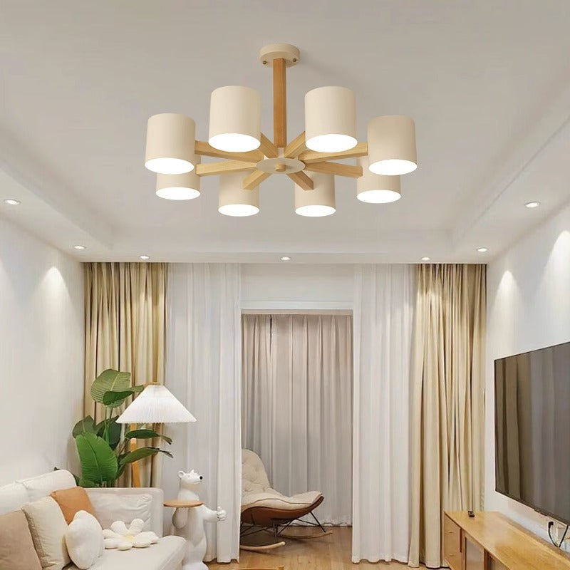 Zeitgenössische skandinavische Deckenleuchte mit massivem Holzrahmen, zylindrischem Schirm und 6/8-Licht-Halbeinbau für das Wohnzimmer 