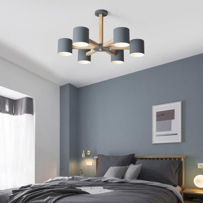 Zeitgenössische skandinavische Deckenleuchte mit massivem Holzrahmen, zylindrischem Schirm und 6/8-Licht-Halbeinbau für das Wohnzimmer 
