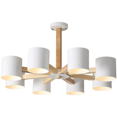 Zeitgenössische skandinavische Deckenleuchte mit massivem Holzrahmen, zylindrischem Schirm und 6/8-Licht-Halbeinbau für das Wohnzimmer 