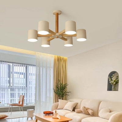 Zeitgenössische skandinavische Deckenleuchte mit massivem Holzrahmen, zylindrischem Schirm und 6/8-Licht-Halbeinbau für das Wohnzimmer 