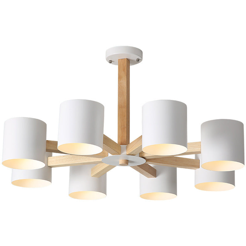 Zeitgenössische skandinavische Deckenleuchte mit massivem Holzrahmen, zylindrischem Schirm und 6/8-Licht-Halbeinbau für das Wohnzimmer 