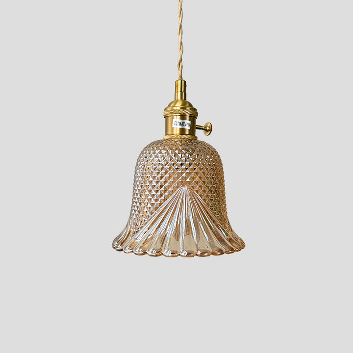 Pantalla de flor de vidrio a cuadros retro contemporánea de latón y madera maciza de 1 luz para dormitorio 