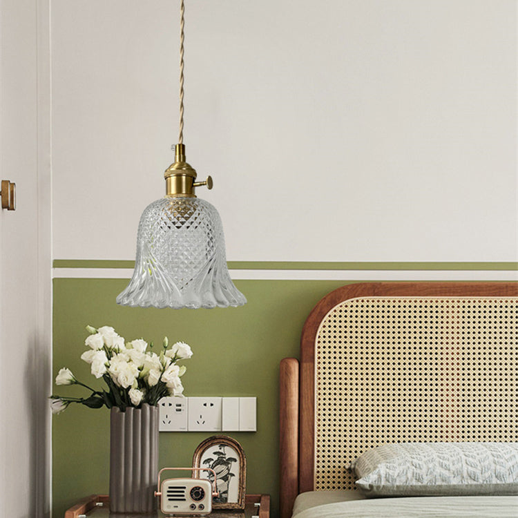 Pantalla de flor de vidrio a cuadros retro contemporánea de latón y madera maciza de 1 luz para dormitorio 
