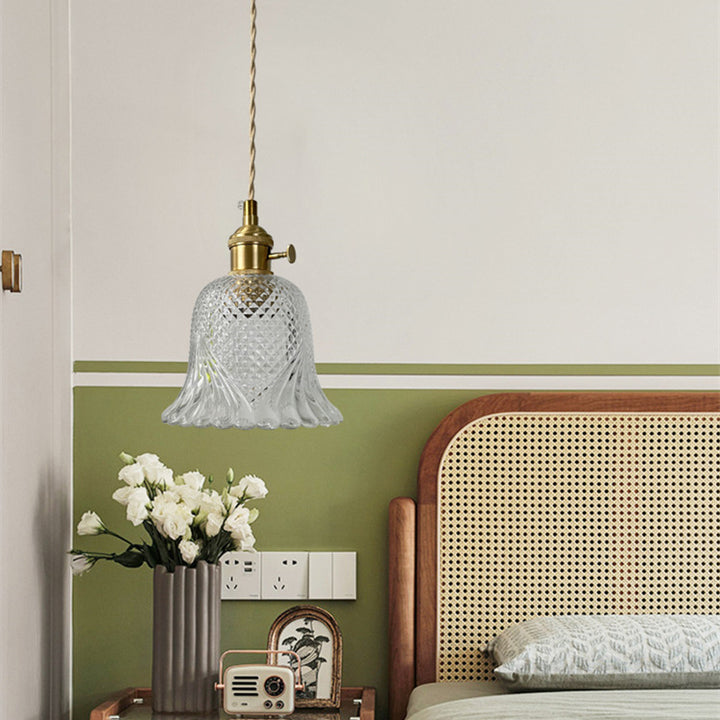 Pantalla de flor de vidrio a cuadros retro contemporánea de latón y madera maciza de 1 luz para dormitorio 