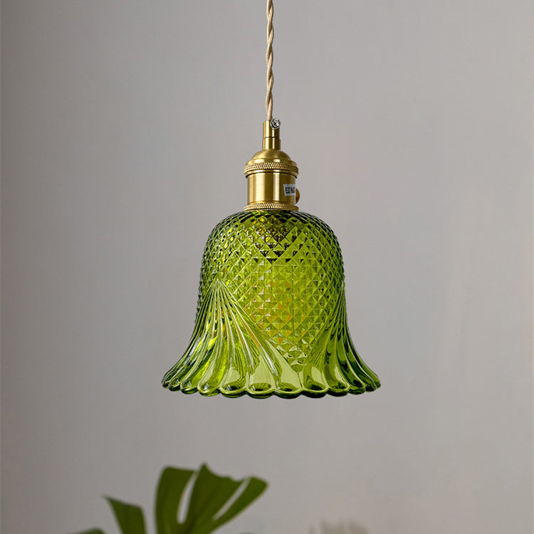 Pantalla de flor de vidrio a cuadros retro contemporánea de latón y madera maciza de 1 luz para dormitorio 