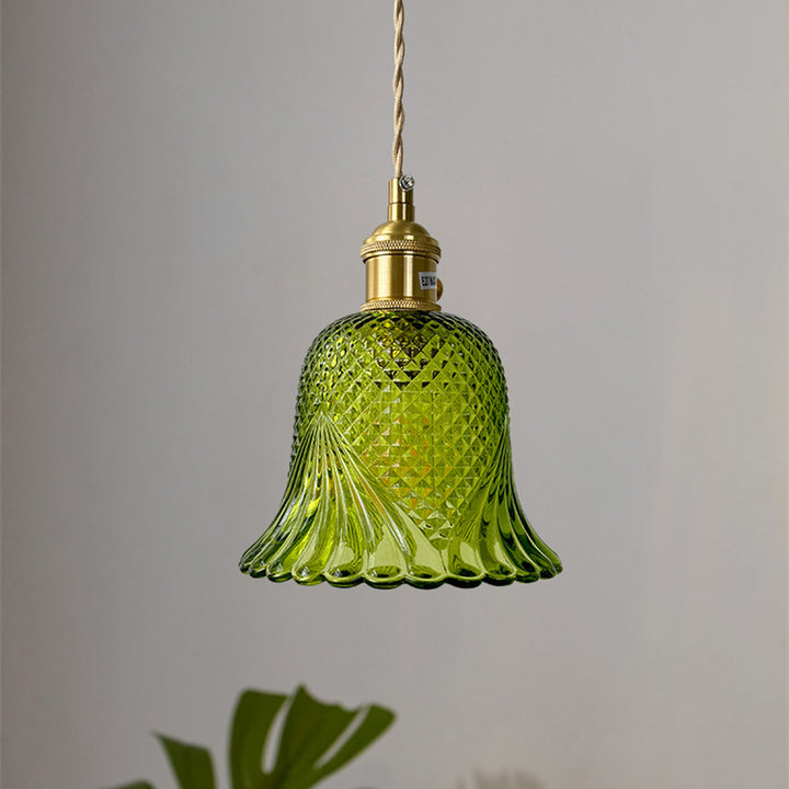 Pantalla de flor de vidrio a cuadros retro contemporánea de latón y madera maciza de 1 luz para dormitorio 