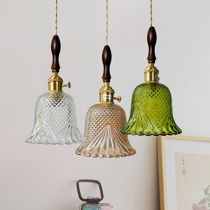 Pantalla de flor de vidrio a cuadros retro contemporánea de latón y madera maciza de 1 luz para dormitorio 