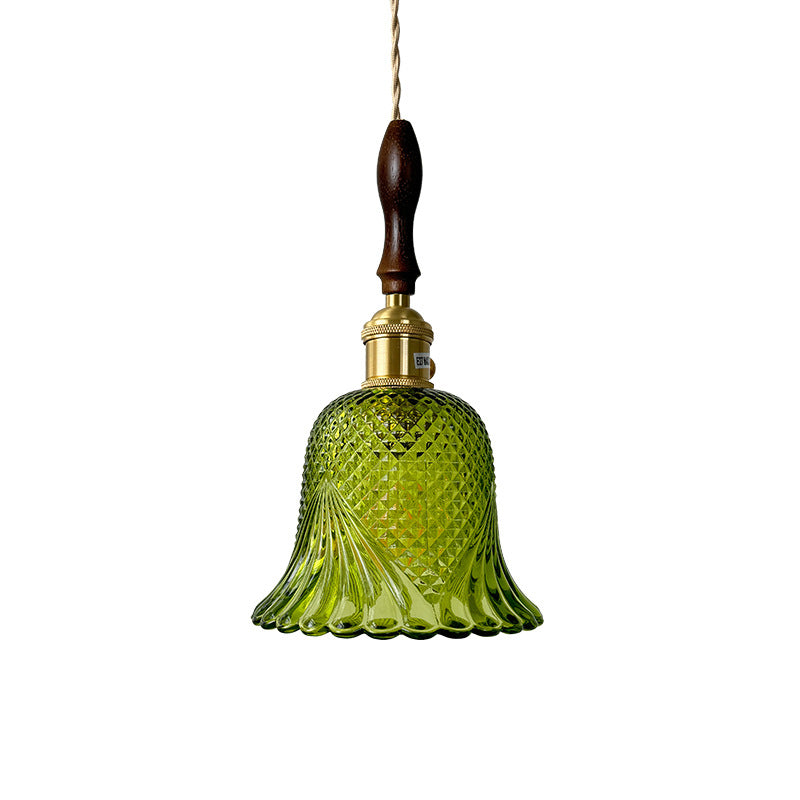 Pantalla de flor de vidrio a cuadros retro contemporánea de latón y madera maciza de 1 luz para dormitorio 