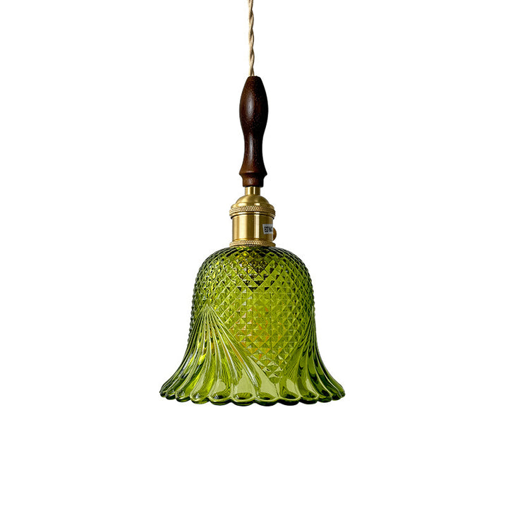 Pantalla de flor de vidrio a cuadros retro contemporánea de latón y madera maciza de 1 luz para dormitorio 