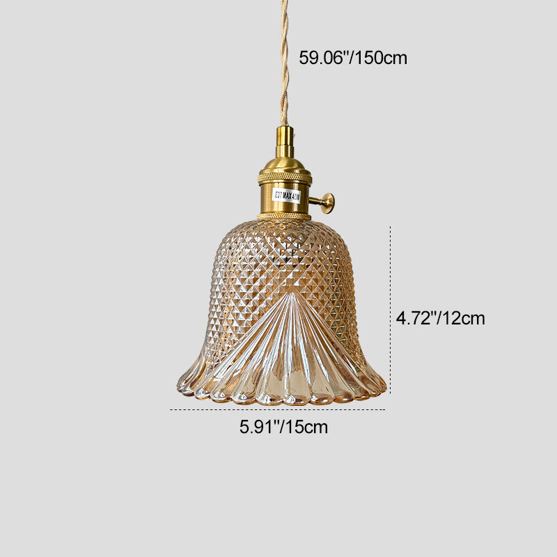Pantalla de flor de vidrio a cuadros retro contemporánea de latón y madera maciza de 1 luz para dormitorio 