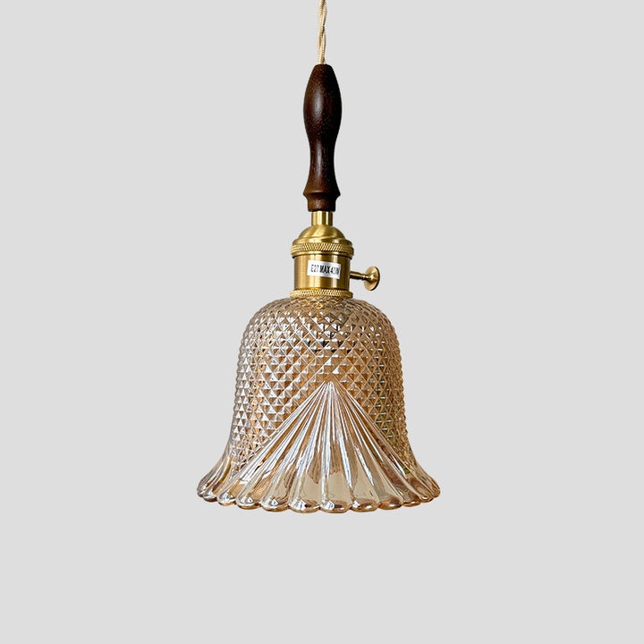 Pantalla de flor de vidrio a cuadros retro contemporánea de latón y madera maciza de 1 luz para dormitorio 