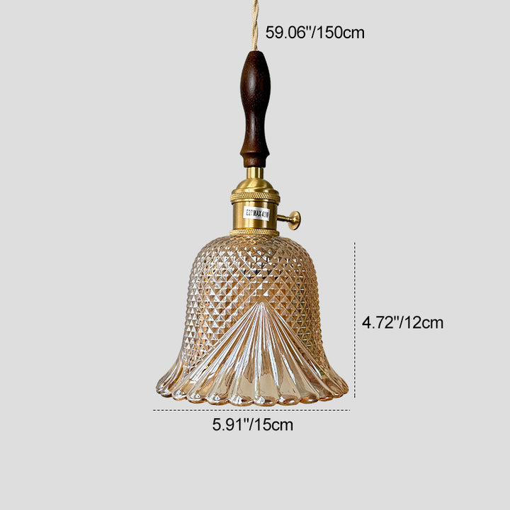 Pantalla de flor de vidrio a cuadros retro contemporánea de latón y madera maciza de 1 luz para dormitorio 