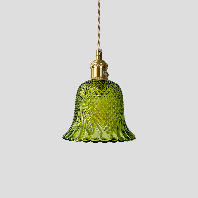 Pantalla de flor de vidrio a cuadros retro contemporánea de latón y madera maciza de 1 luz para dormitorio 