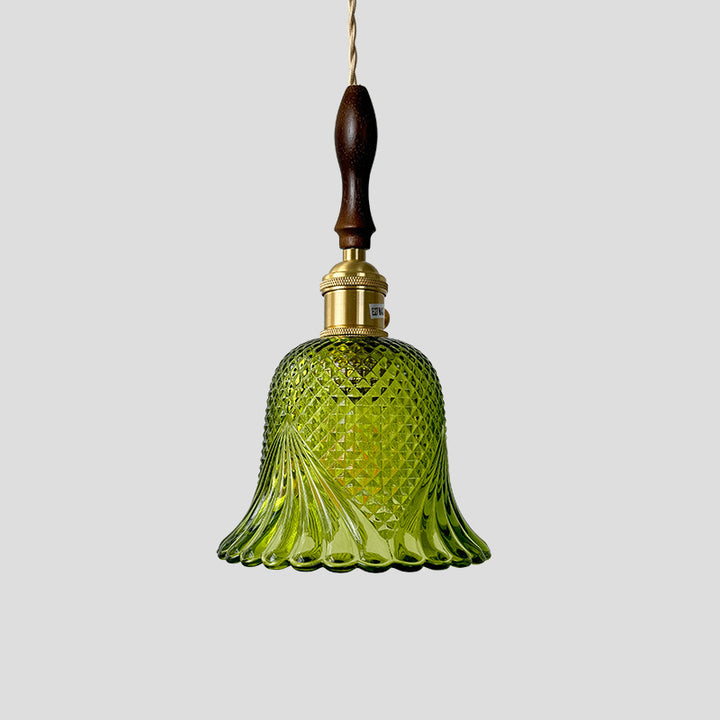 Pantalla de flor de vidrio a cuadros retro contemporánea de latón y madera maciza de 1 luz para dormitorio 