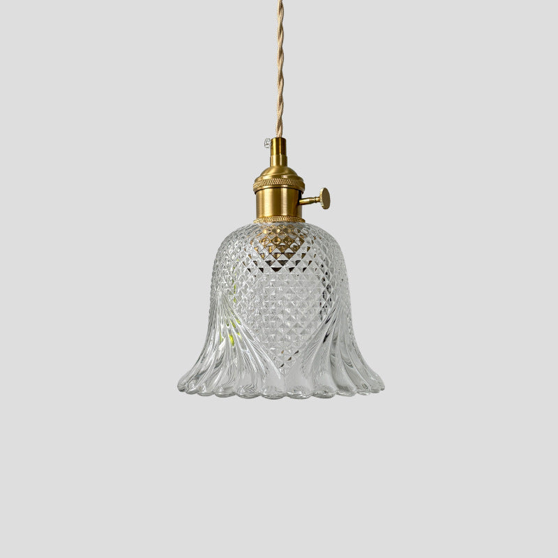 Pantalla de flor de vidrio a cuadros retro contemporánea de latón y madera maciza de 1 luz para dormitorio 