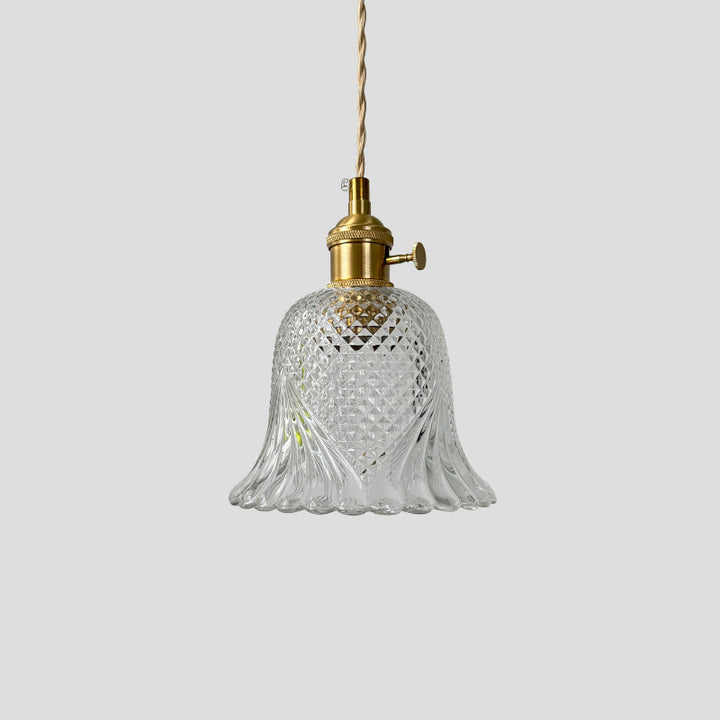 Pantalla de flor de vidrio a cuadros retro contemporánea de latón y madera maciza de 1 luz para dormitorio 
