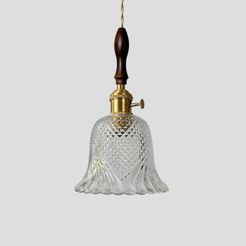 Pantalla de flor de vidrio a cuadros retro contemporánea de latón y madera maciza de 1 luz para dormitorio 