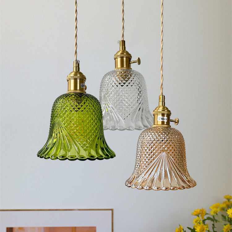 Pantalla de flor de vidrio a cuadros retro contemporánea de latón y madera maciza de 1 luz para dormitorio 