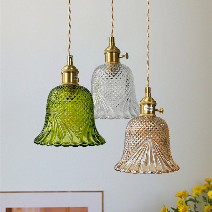 Pantalla de flor de vidrio a cuadros retro contemporánea de latón y madera maciza de 1 luz para dormitorio 