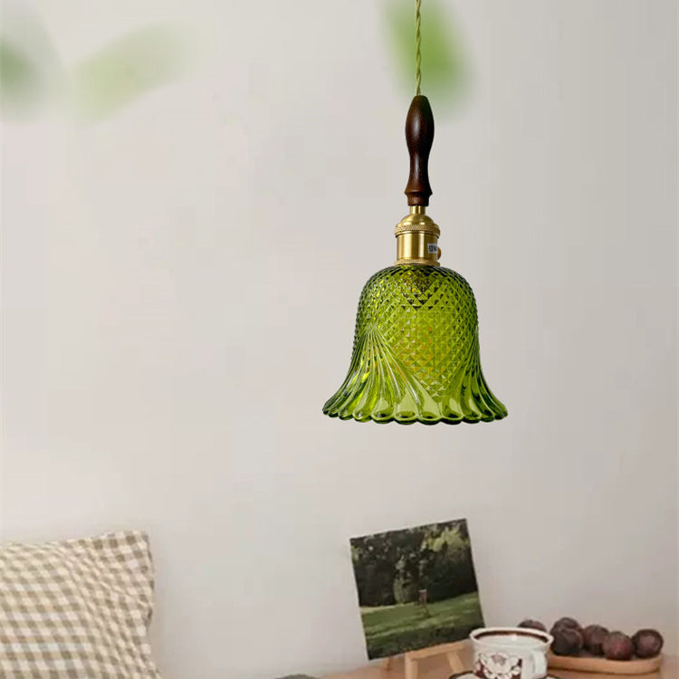 Pantalla de flor de vidrio a cuadros retro contemporánea de latón y madera maciza de 1 luz para dormitorio 