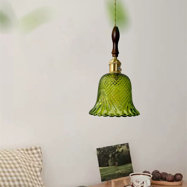 Pantalla de flor de vidrio a cuadros retro contemporánea de latón y madera maciza de 1 luz para dormitorio 