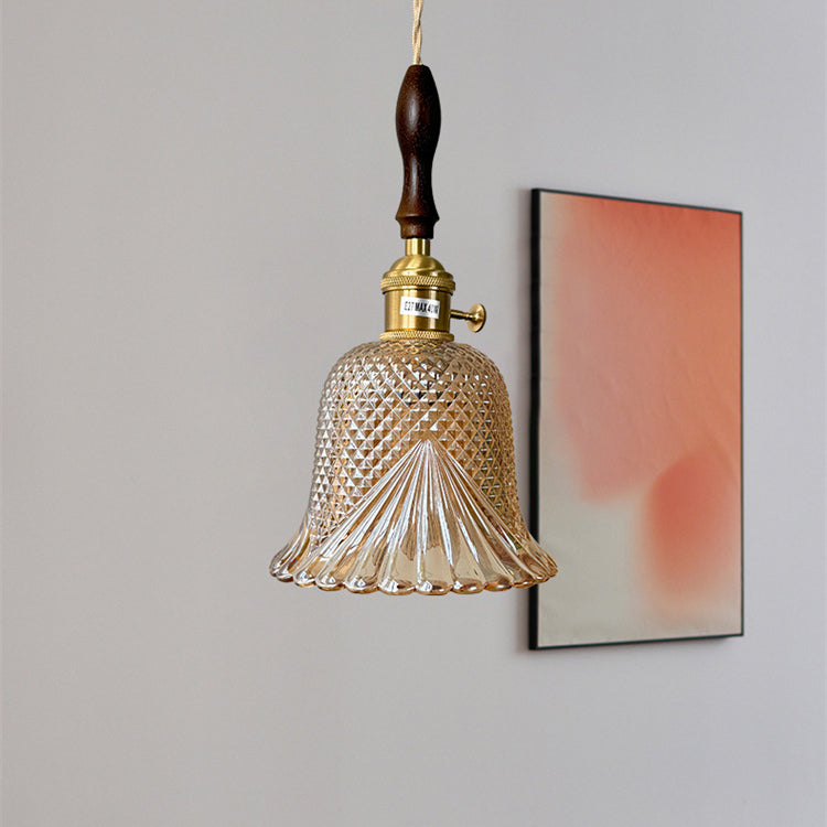 Pantalla de flor de vidrio a cuadros retro contemporánea de latón y madera maciza de 1 luz para dormitorio 