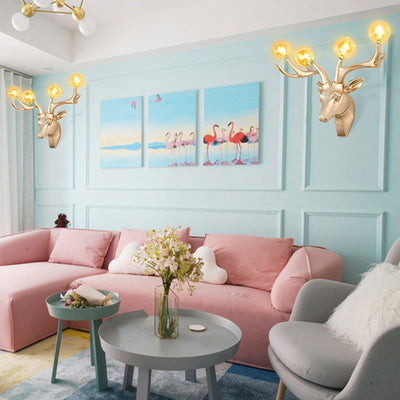 Contemporary Creative Resin Deer Antlers Glass Ball Shade Hardware 4-Light Wall Sconce Lamp For Living Room