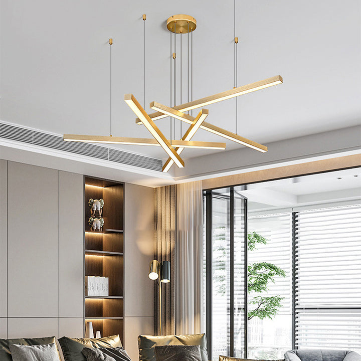 Zeitgenössischer Luxus Geometrische sich kreuzende lange Streifen Aluminium Acryl LED Kronleuchter für das Wohnzimmer 