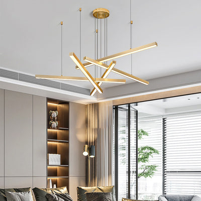 Contemporary Luxury Geometric Intersecting Long Strip Aluminum Acrylic LED Chandelier For Living Room