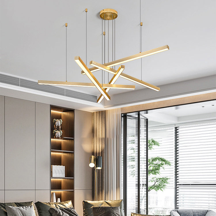 Contemporary Luxury Geometric Intersecting Long Strip Aluminum Acrylic LED Chandelier For Living Room