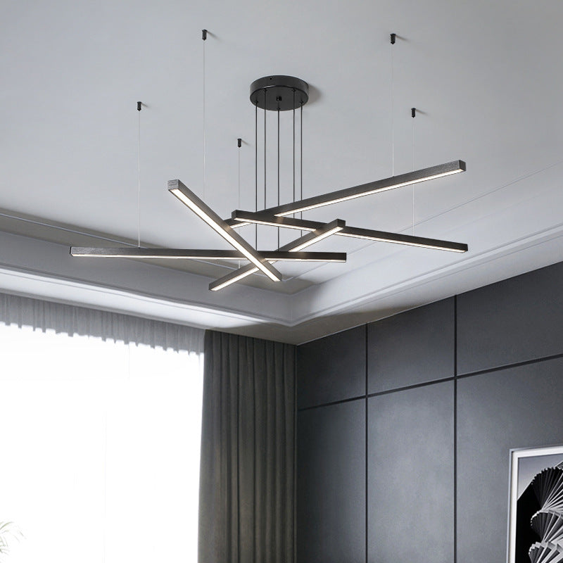 Contemporary Luxury Geometric Intersecting Long Strip Aluminum Acrylic LED Chandelier For Living Room