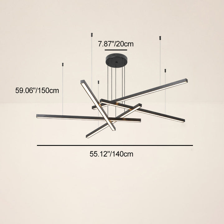 Zeitgenössischer Luxus Geometrische sich kreuzende lange Streifen Aluminium Acryl LED Kronleuchter für das Wohnzimmer 