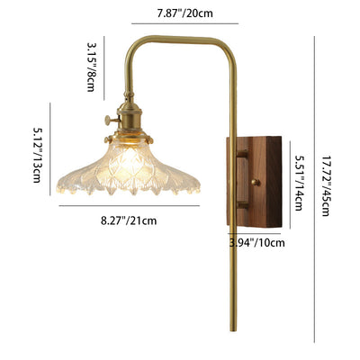 Traditionelle Vintage-Wandleuchte aus Walnussholz und Messing mit Blumen-Glasschirm, 1-flammig, für das Wohnzimmer 