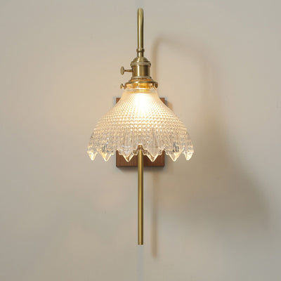 Traditionelle Vintage-Wandleuchte aus Walnussholz und Messing mit Blumen-Glasschirm, 1-flammig, für das Wohnzimmer 