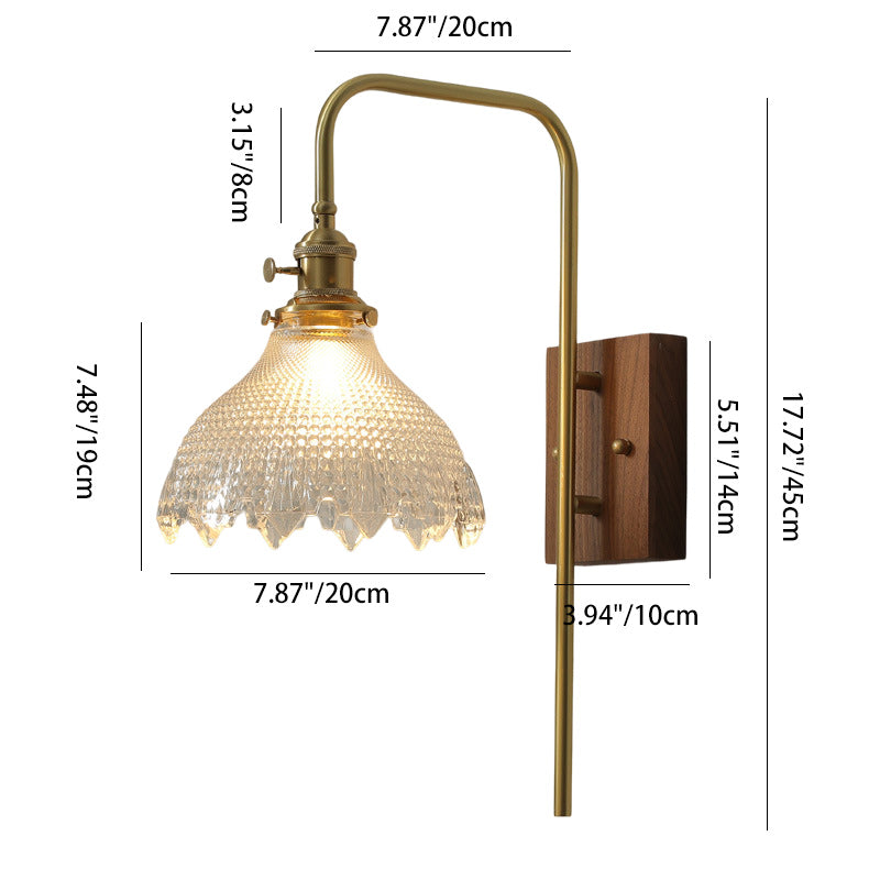 Traditionelle Vintage-Wandleuchte aus Walnussholz und Messing mit Blumen-Glasschirm, 1-flammig, für das Wohnzimmer 