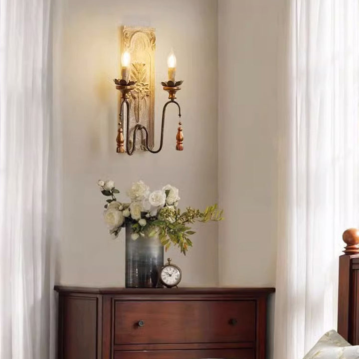 Traditionelle rustikale distressed Massivholz Eisen Kandelaber 2-Licht Wandleuchte für Wohnzimmer 