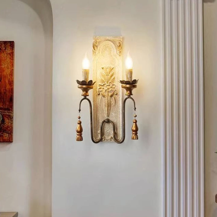 Traditionelle rustikale distressed Massivholz Eisen Kandelaber 2-Licht Wandleuchte für Wohnzimmer 